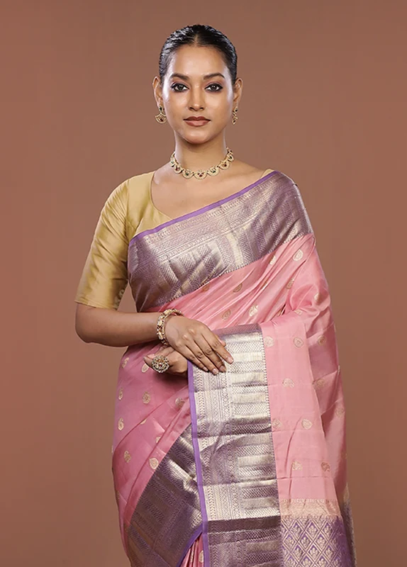 Pink Handloom Kanjivaram Pure Silk Saree With Blouse Piece One Size