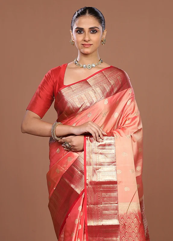 Pink Handloom Kanjivaram Pure Silk Saree With Blouse Piece One Size