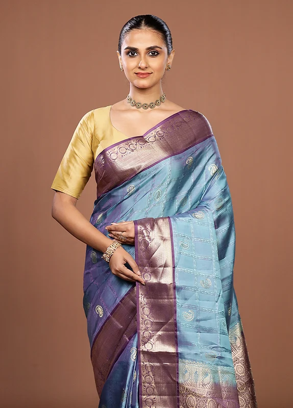 Blue Handloom Kanjivaram Pure Silk Saree With Blouse Piece One Size
