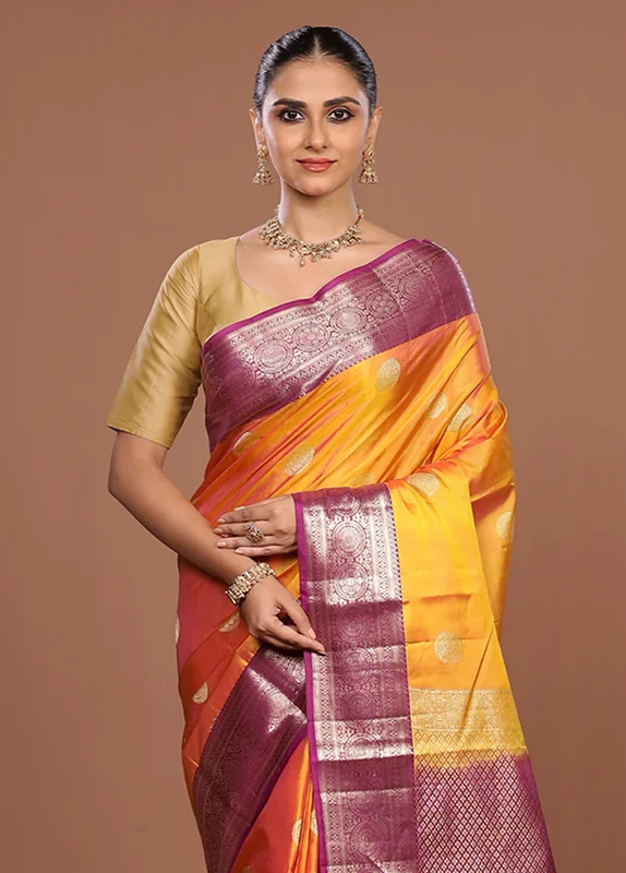 Yellow Handloom Kanjivaram Pure Silk Saree With Blouse Piece One Size