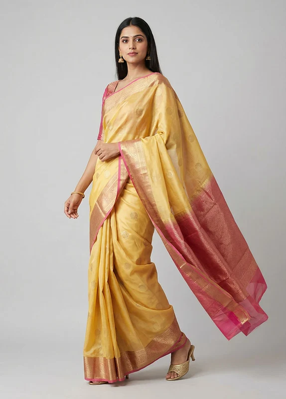 Cream Handloom Kanjivaram Pure Silk Saree With Blouse Piece One Size