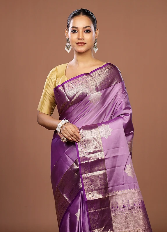 Purple Handloom Kanchipuram Pure Silk Saree With Blouse Piece One Size