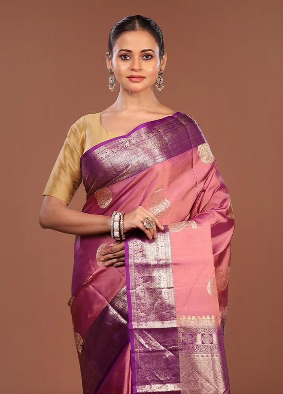 Pink Handloom Kanchipuram Pure Silk Saree With Blouse Piece One Size
