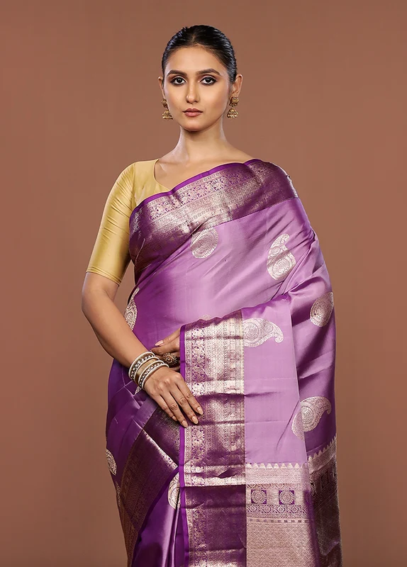 Purple Handloom Kanchipuram Pure Silk Saree With Blouse Piece One Size