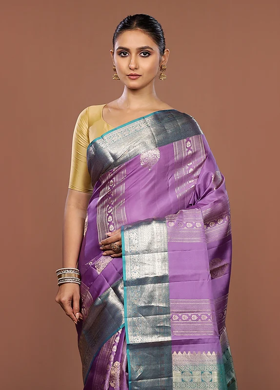 Purple Handloom Kanchipuram Pure Silk Saree With Blouse Piece One Size