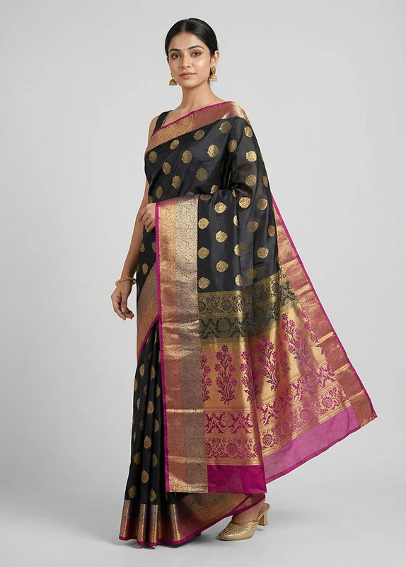 Black Handloom Kanjivaram Pure Silk Saree With Blouse Piece One Size