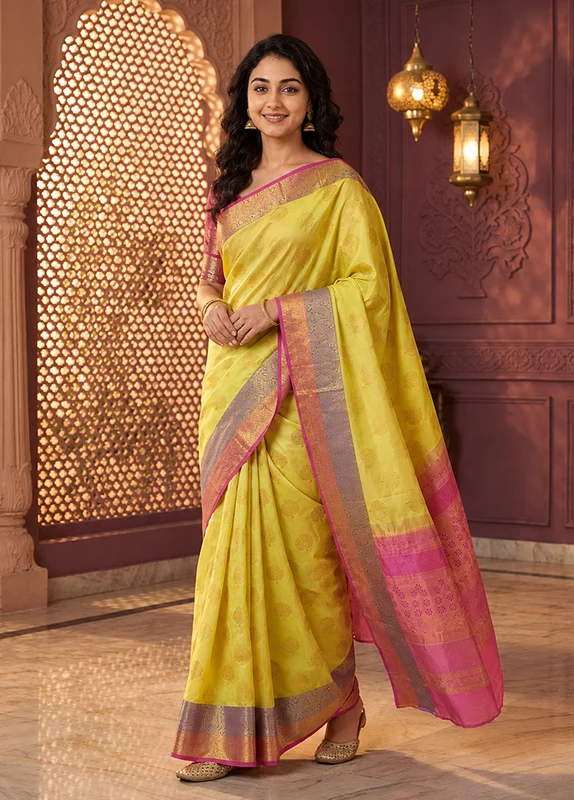 Green Handloom Kanjivaram Pure Silk Saree With Blouse Piece One Size