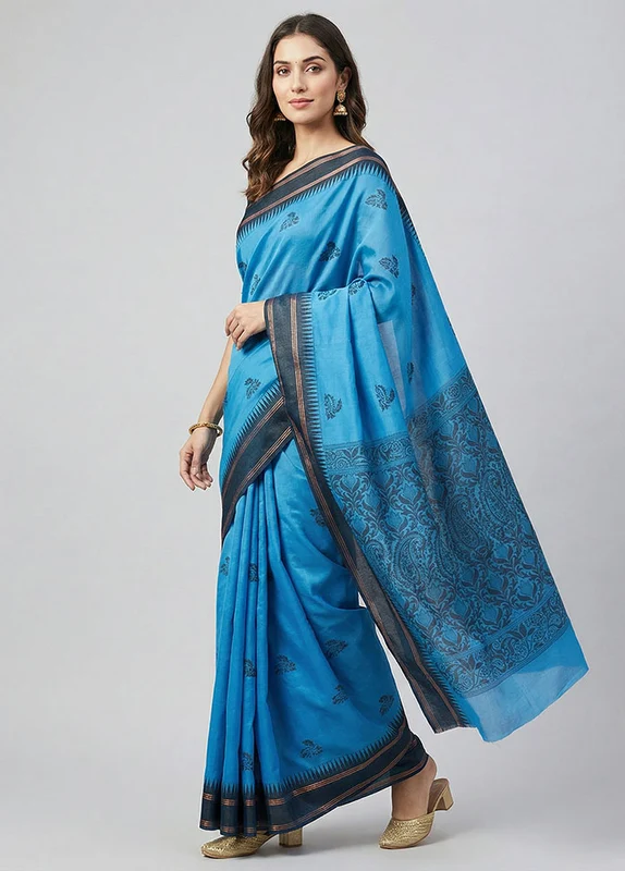 Blue Cotton Saree With Blouse Piece One Size