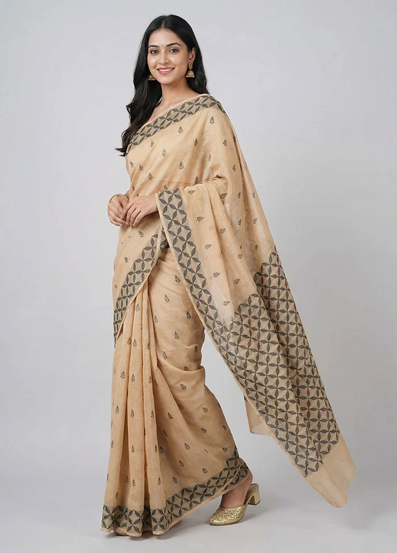 Cream Cotton Saree With Blouse Piece One Size
