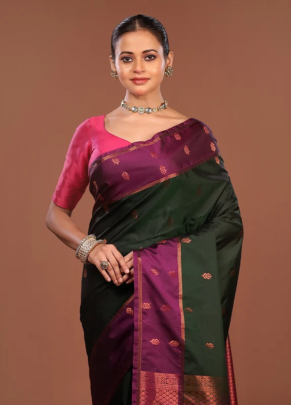 Green Kanjivaram Silk Saree With Blouse Piece One Size