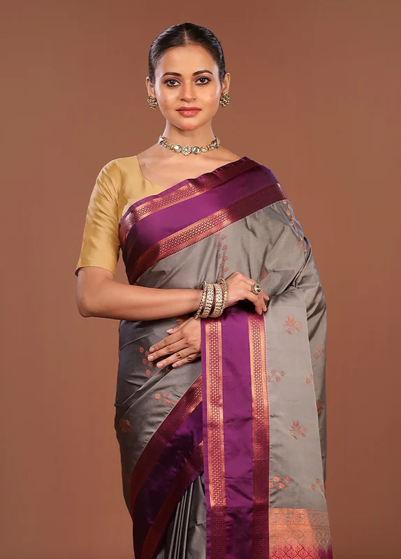 Grey Kanjivaram Silk Saree With Blouse Piece One Size