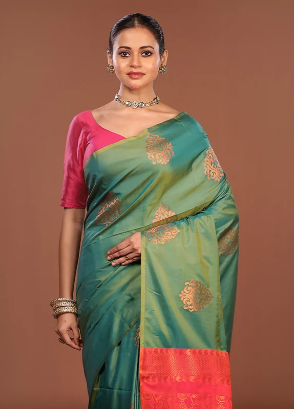 Pink Kanjivaram Silk Saree With Blouse Piece One Size