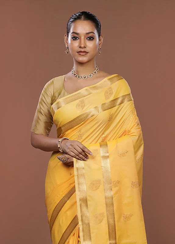 Yellow Kanjivaram Silk Saree With Blouse Piece One Size