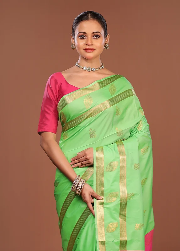 Pink Kanjivaram Silk Saree With Blouse Piece One Size