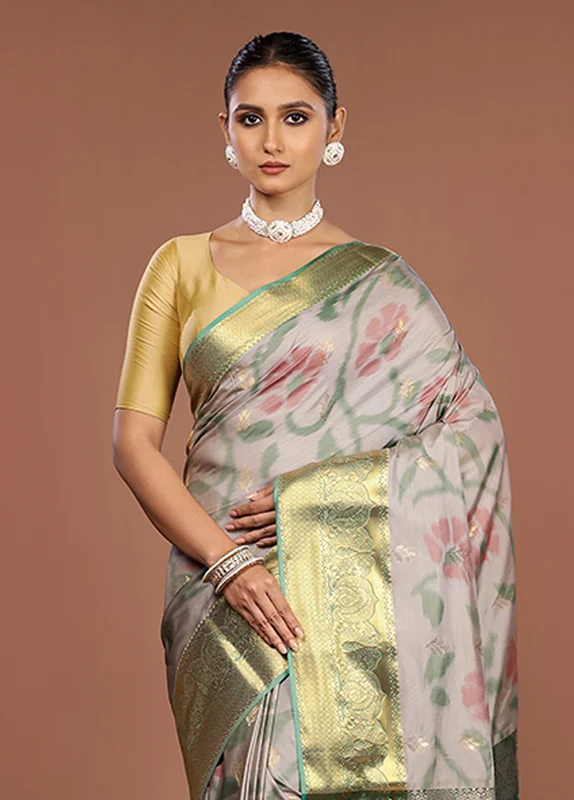 Grey Kanjivaram Silk Saree With Blouse Piece One Size