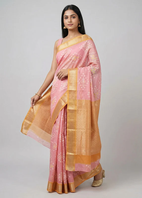 Pink Pure Cotton Saree With Blouse Piece One Size
