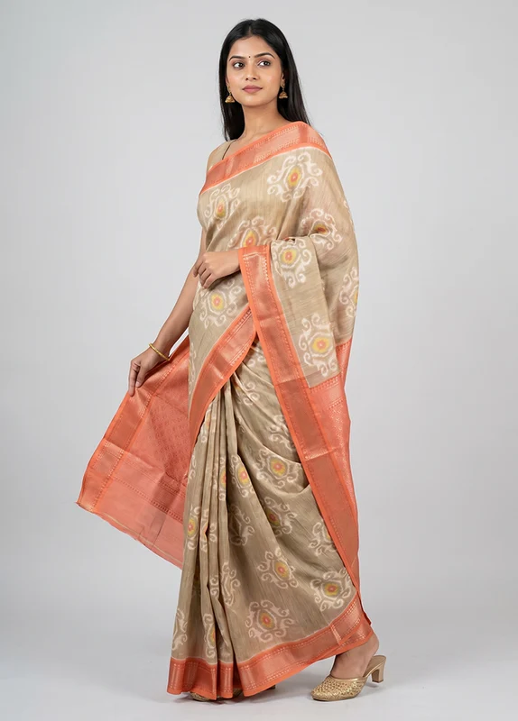 Cream Pure Cotton Saree With Blouse Piece One Size