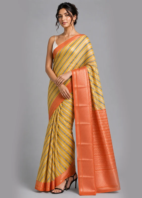 Yellow Pure Cotton Saree With Blouse Piece One Size