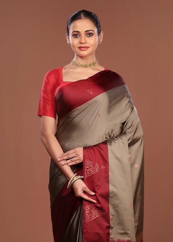 Grey Kanjivaram Silk Saree With Blouse Piece One Size