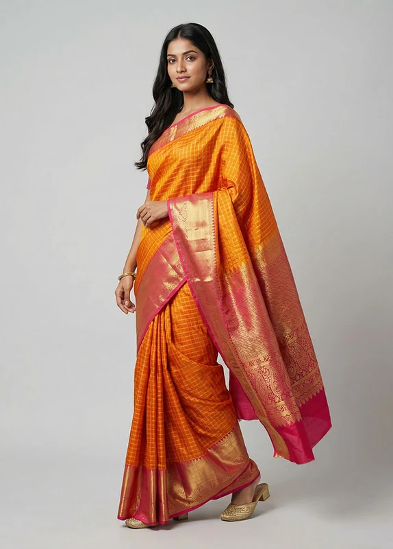 Orange Handloom Kanjivaram Pure Silk Saree With Blouse Piece One Size