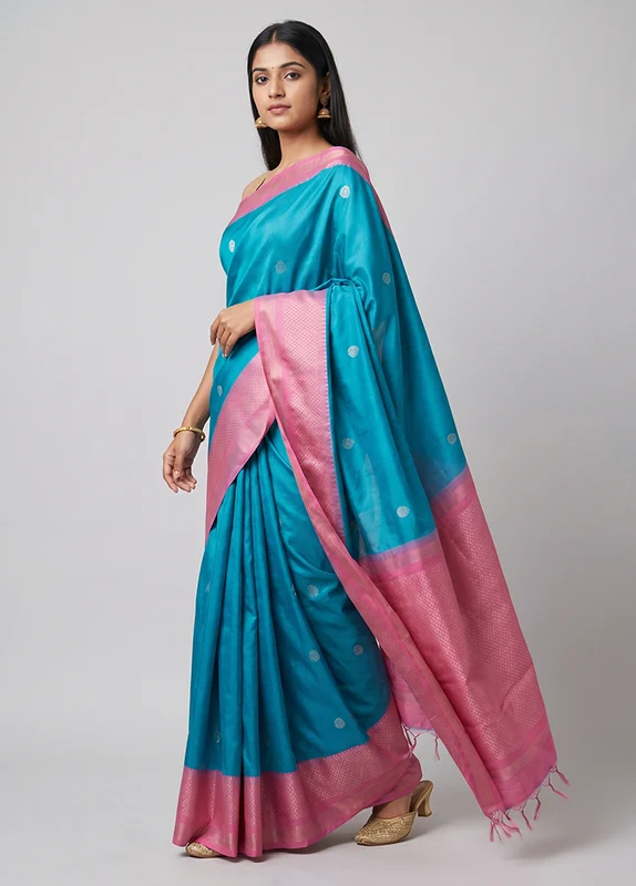 Blue Handloom Dupion Pure Silk Saree With Blouse Piece One Size