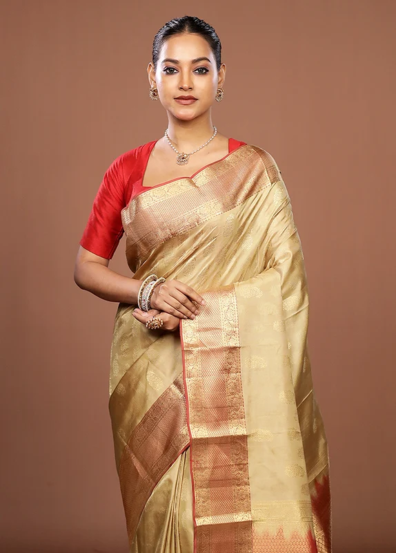 Cream Handloom Kanchipuram Pure Silk Saree With Blouse Piece One Size
