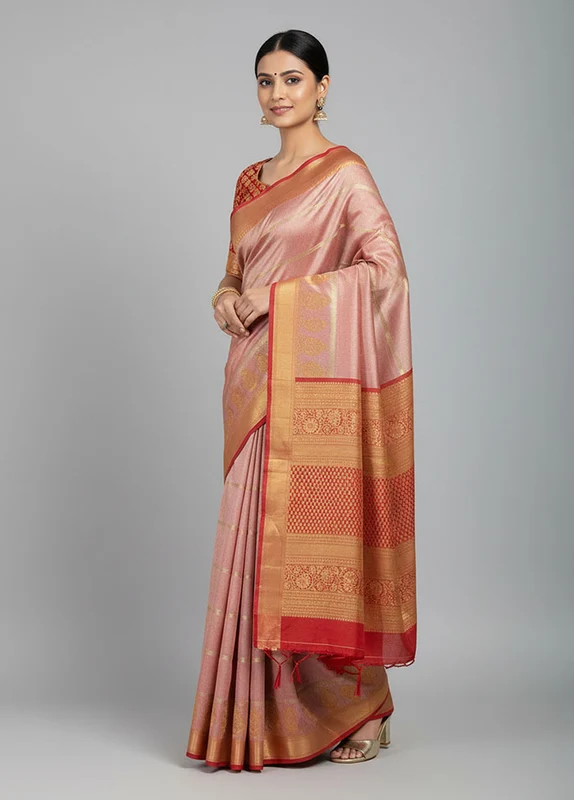 Gold Handloom Kanchipuram Pure Silk Saree With Blouse Piece One Size