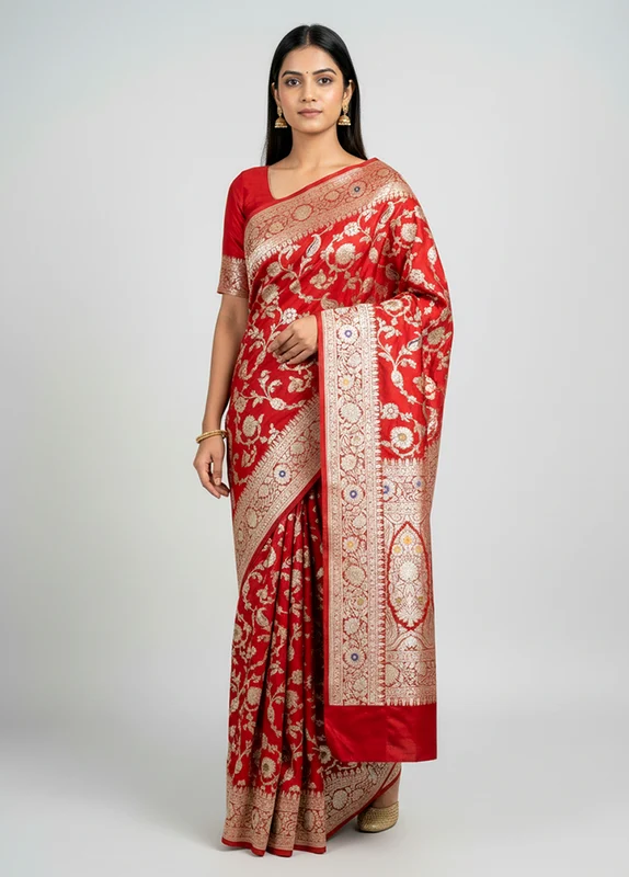 Red Handloom Katan Pure Silk Saree With Blouse Piece One Size