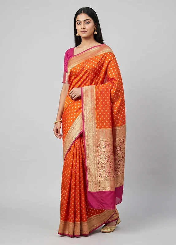 Orange Handloom Pure Georgette Saree With Blouse Piece One Size