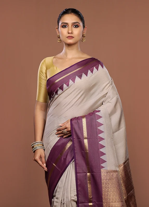 Cream Handloom Kanjivaram Pure Silk Saree With Blouse Piece One Size