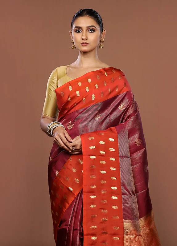 Maroon Handloom Kanchipuram Pure Silk Saree With Blouse Piece One Size