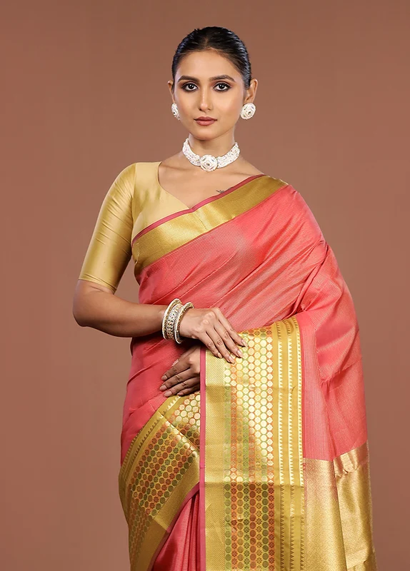 Pink Handloom Kanjivaram Pure Silk Saree With Blouse Piece One Size