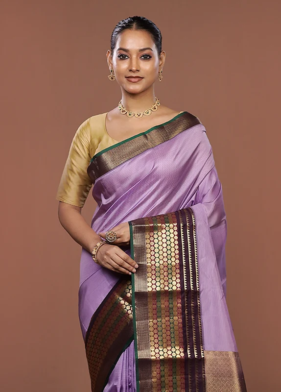 Purple Handloom Kanjivaram Pure Silk Saree With Blouse Piece One Size