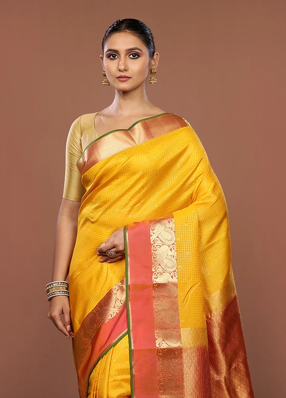 Yellow Handloom Kanjivaram Pure Silk Saree With Blouse Piece One Size