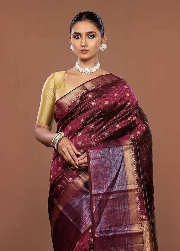 Purple Handloom Kanjivaram Pure Silk Saree With Blouse Piece One Size
