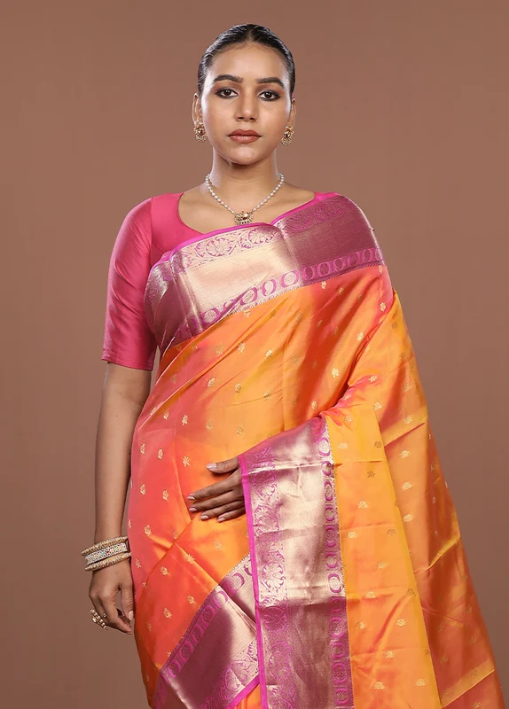 Pink Handloom Kanjivaram Pure Silk Saree With Blouse Piece One Size