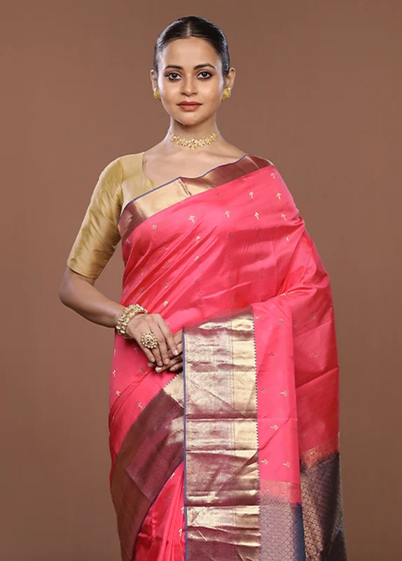 Pink Handloom Kanjivaram Pure Silk Saree With Blouse Piece One Size