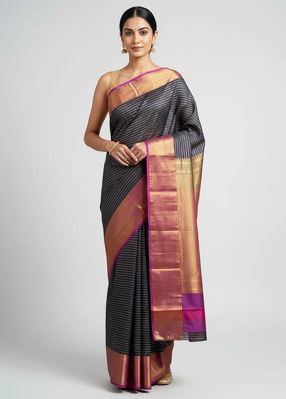 Blue Handloom Kanjivaram Pure Silk Saree With Blouse Piece One Size