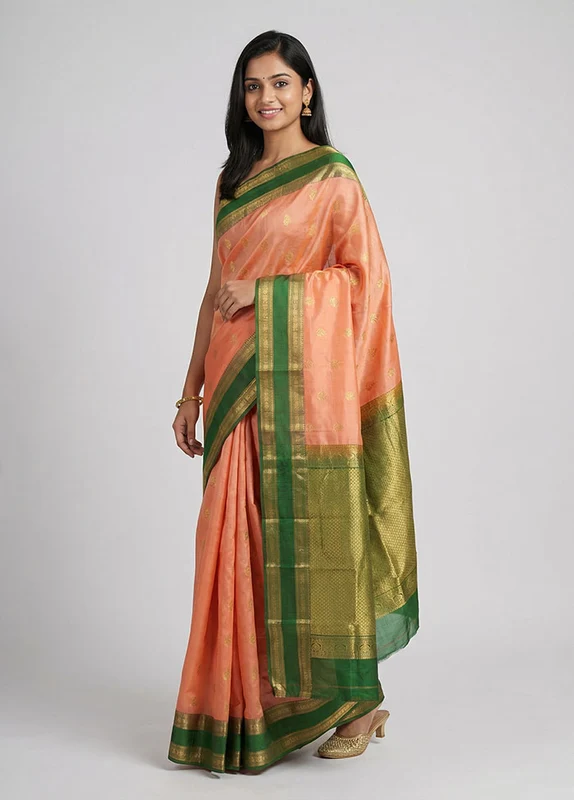 Orange Handloom Kanchipuram Pure Silk Saree With Blouse Piece One Size