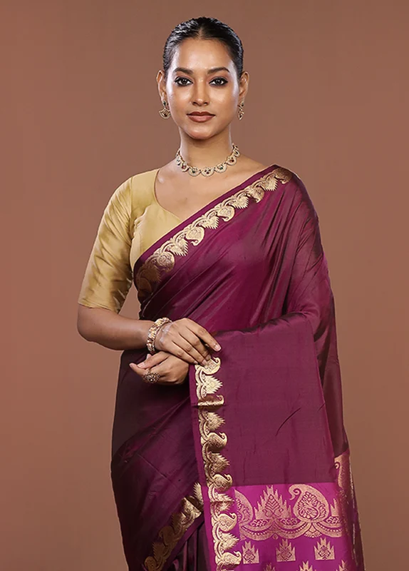 Purple Handloom Kanjivaram Pure Silk Saree With Blouse Piece One Size