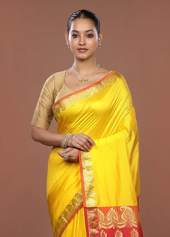 Yellow Handloom Kanjivaram Pure Silk Saree With Blouse Piece One Size