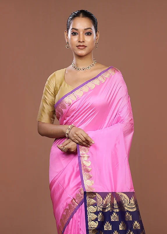 Pink Handloom Kanjivaram Pure Silk Saree With Blouse Piece One Size