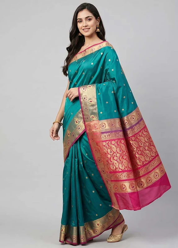 Green Handloom Pure Cotton Saree With Blouse Piece One Size