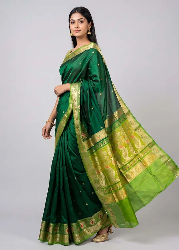 Green Handloom Pure Cotton Saree With Blouse Piece One Size
