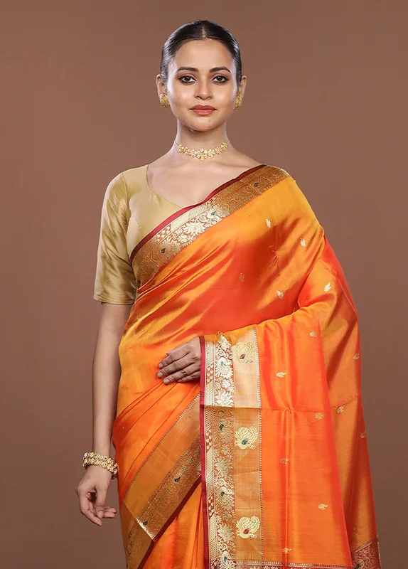 Orange Pure Cotton Saree With Blouse Piece One Size