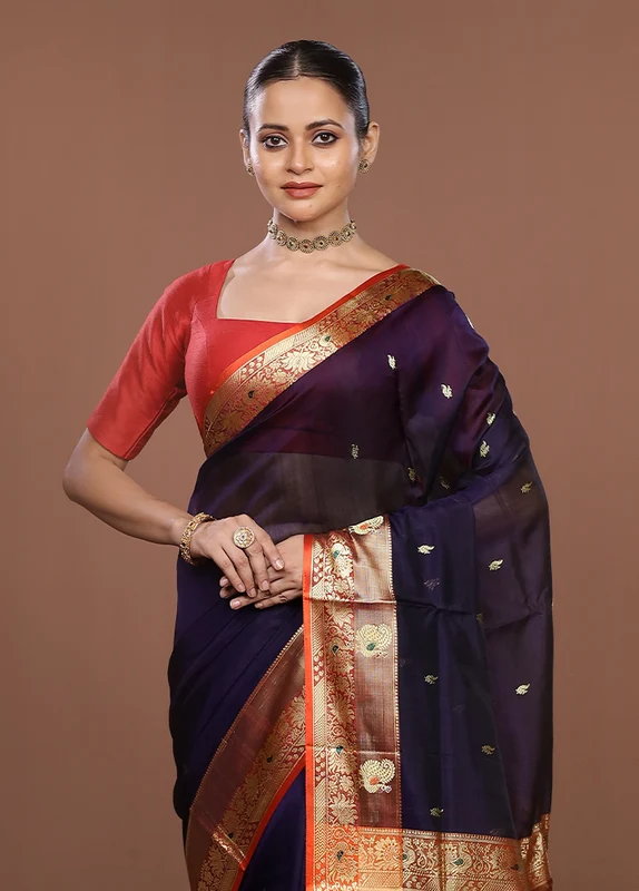 Blue Pure Cotton Saree With Blouse Piece One Size