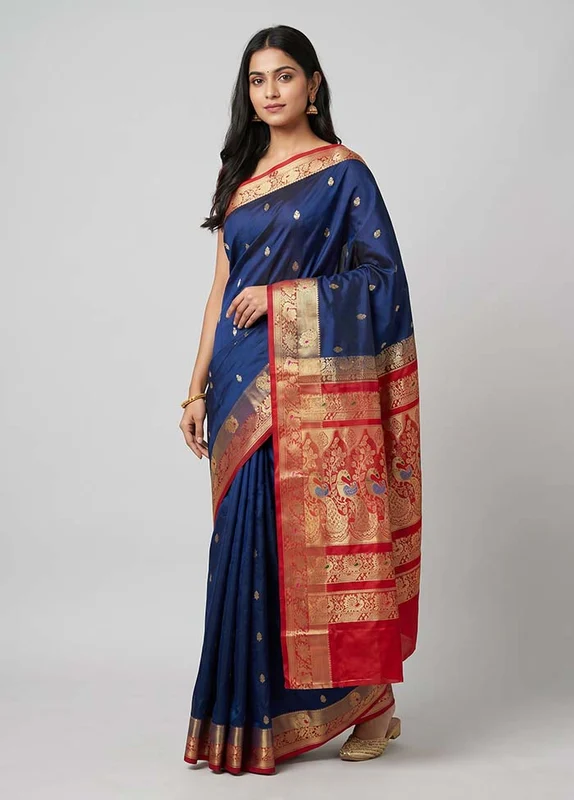 Blue Pure Cotton Saree With Blouse Piece One Size