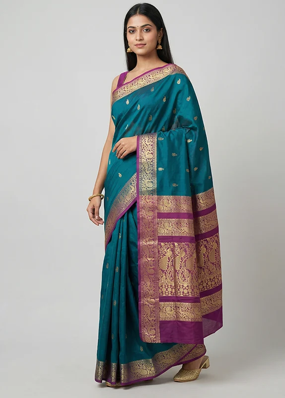 Green Cotton Saree With Blouse Piece One Size