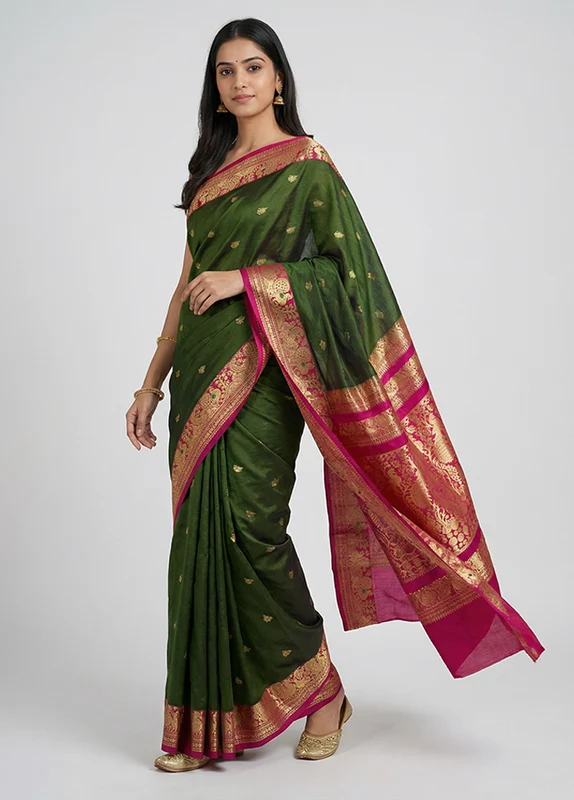 Green Cotton Saree With Blouse Piece One Size