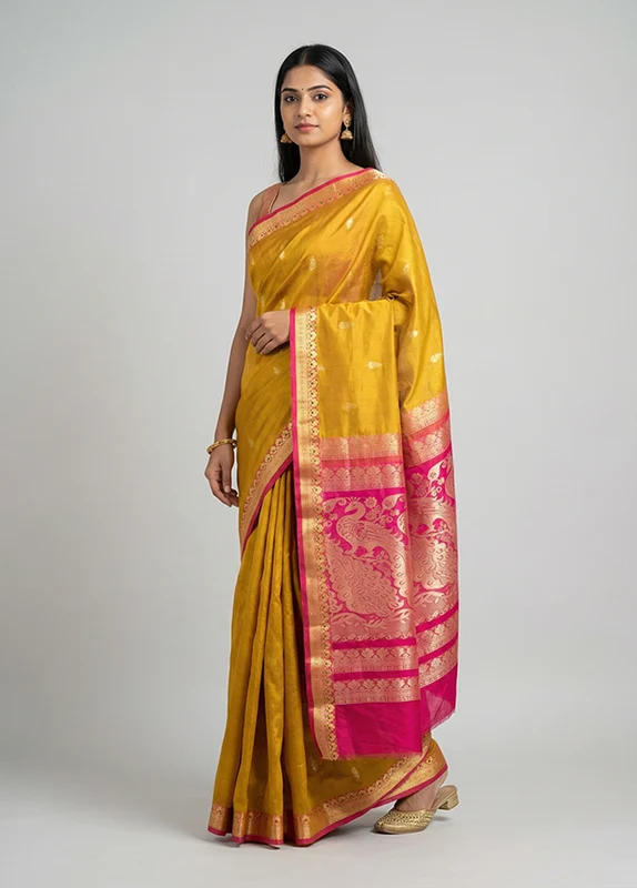 Green Cotton Saree With Blouse Piece One Size